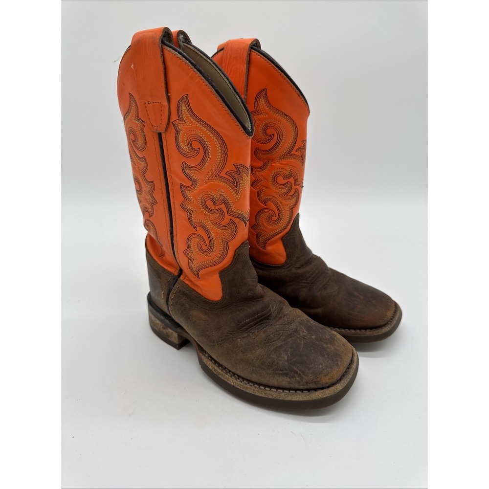 Old West Big Boys Slip On Leather Brown Orange Cowboy Western Boots Size 9.5D